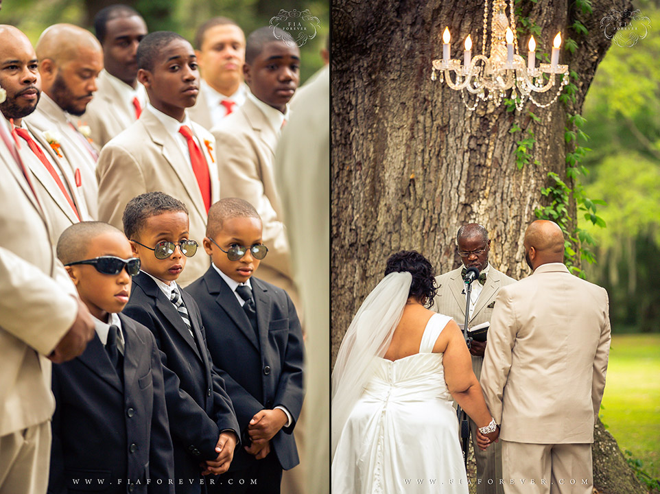 Groomsmen watching ceremony as bride and groom get married at Legare Waring House, Charleston, SC. Photo by Wedding Photographer in Charleston, Fia Forever.