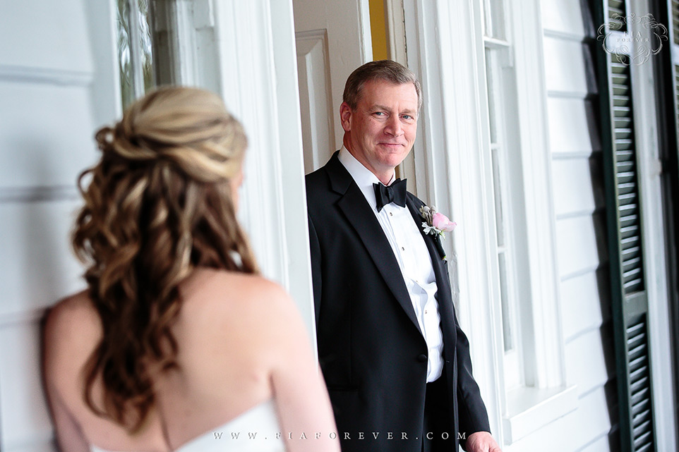 Emotional First Look with Dad Lowndes Grove Plantation WeddingPhoto by Charleston Wedding Photographers Fia Forever